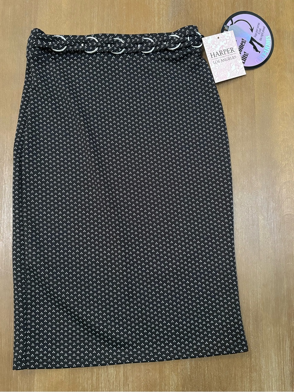 Harper Black and White Mini-Dot Pencil Skirt with Ring-Trim Waist